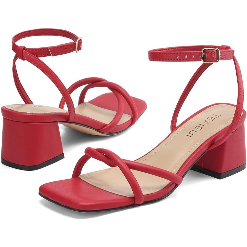 Women's Red Open Square Toe Chunky Block Sandals Chic Strappy Heels Shoes - Picture 5 of 6